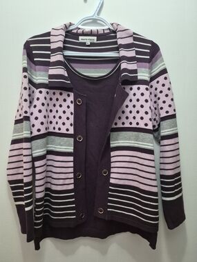 Marie Claire Purple & Pink Striped Dot Cardigan Set
